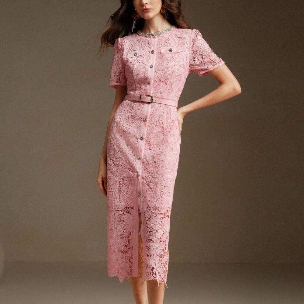 Limited Time! NEW W/ TAGS! Pink Lace w/ Rhinestones Midi Dress